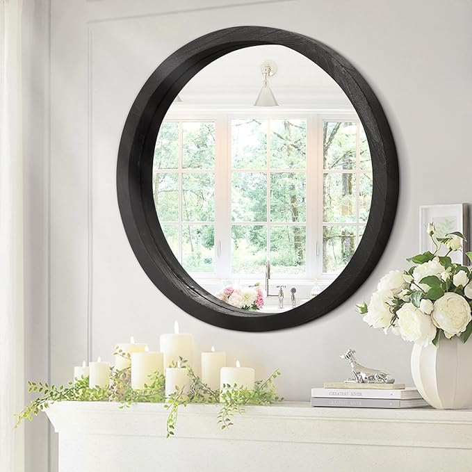 JJUUYOU Round Wall Mirror Circular Wall Mounted Mirror for Bathroom Large Black Circle Mirror for Decor Wooden Hanging Mirror for Farmhouse Living Room Bedroom 24Inch