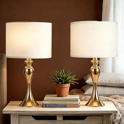 Gold Table lamp Set of 2 mid Century Modern Unique Decorative Cylinder smart end Side Bedside Night Cream dimmable for Bedroom
