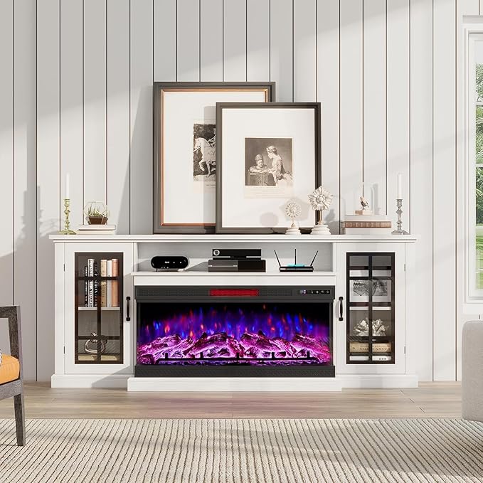 AMERLIFE 75in 3-Sided Glass Fireplace TV Stand for TVs up to 85", Rustic Fireplace Media Entertainment Center Console Table Cabniet with Glass Door Closed Storage, Distressed White