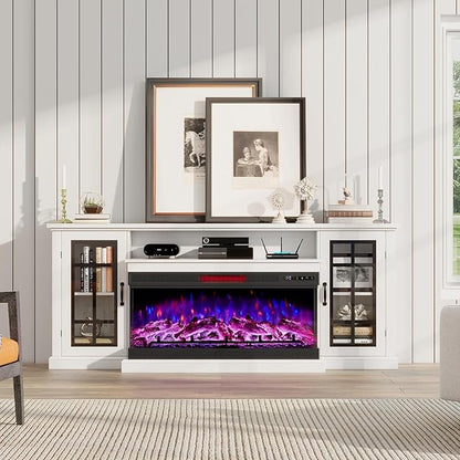 AMERLIFE 75in 3-Sided Glass Fireplace TV Stand for TVs up to 85", Rustic Fireplace Media Entertainment Center Console Table Cabniet with Glass Door Closed Storage, Distressed White