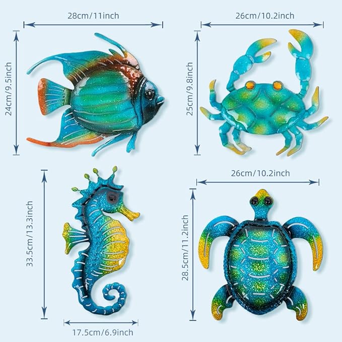 Metal Beach Wall Decor Art, Ocean Themed Sea Turtle Fish Seahorse Crab Coastal Wall Sculpture, Nautical Outdoor Decor For Garden, Fence, Patio, Pool, Bathroom (4 Pcs)
