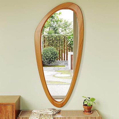 Mid Century Modern Mirror, 22x48 Inch Irregular Wall Mirror, Asymmetrical Wall Mirrors Full Length with Pine Wood Frame for Living Room Bathroom Entryway Hangs Horizontally or Vertically