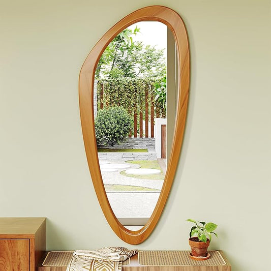 Mid Century Modern Mirror, 22x48 Inch Irregular Wall Mirror, Asymmetrical Wall Mirrors Full Length with Pine Wood Frame for Living Room Bathroom Entryway Hangs Horizontally or Vertically
