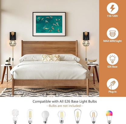 Lomoky Farmhouse Wood Wall Sconces with Plug in Cord, Black Wall Sconces Set of Two, Wall Lamps that Plug into Wall Outlet, Vintage Sconce Lighting Wall Decor for Bedroom Living Room, with 5.58FT Cord