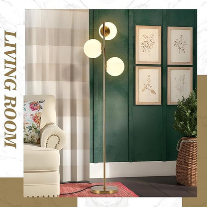 BOKT Modern Gold Floor Lamps Mid Century 3-Light Globe Standing Lamp Tall Pole Floor Light with Frosted Glass Contemporary Adjustable Floor Lamp for Living Room Reading Bedroom…