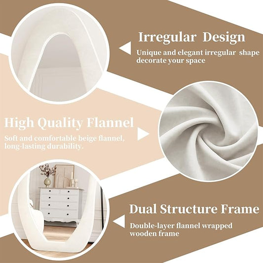 56"x24" Irregular Wavy Mirror, Flannel Full Length Mirror with Stand, Wall Mirror for Bedroom, Living Room, Cloakroom, Entryway, Beige