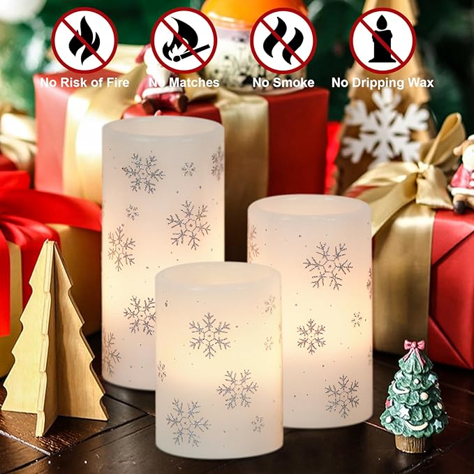 Silver Snowflake Flameless Flickering Candles Battery Operated with 6H Timer, 3 Pack Real Wax Warm Light LED Pillar Candles Dinner Tabletop Holiday Centerpiece Decor 3" x 6"