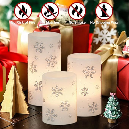 Silver Snowflake Flameless Flickering Candles Battery Operated with 6H Timer, 3 Pack Real Wax Warm Light LED Pillar Candles Dinner Tabletop Holiday Centerpiece Decor 3" x 6"