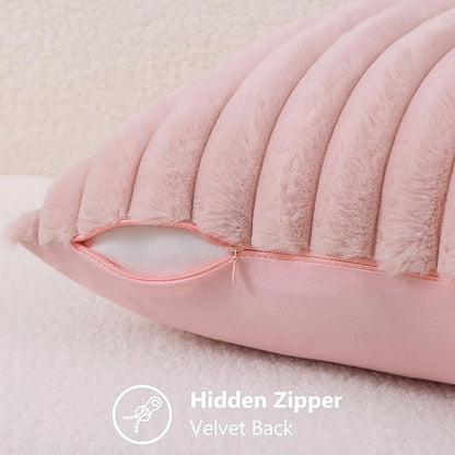 decorUhome Summer Cozy Faux Fur Throw Pillow Covers 16x16 Set of 2 Decorative Soft Plush Striped Modern Farmhouse Boho Couch Pillow Cases with Velvet Back for Sofa Bed Living Room, Pink