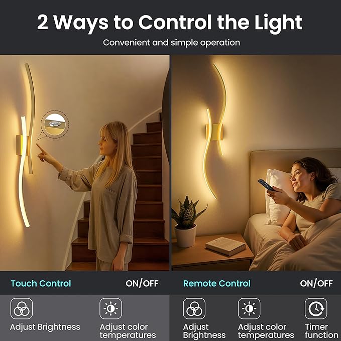 Battery Operated Wall Sconces Set of Two, 10000mAh Rechargeable Modern Wall Lights with Remote Control, Dimmable Gold LED Cordless Lighting for Living Room, Bedroom, Hallway, 31.5 Inch, 3CCT