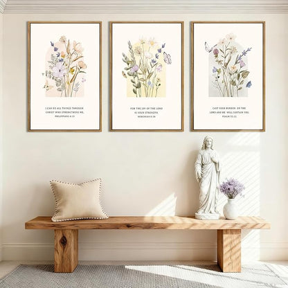 IARTTOP Extra Large Christian Easter Wall Art Framed 24x36 Inch Floral Bible Verse Scripture Art Prints Minimalist Botanical Wildflower Religious Canvas Wall Decor for Living room Bedroom Set of 3