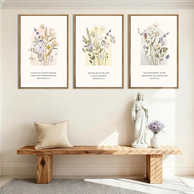 IARTTOP Large Christian Easter Wall Art Framed 16x24 Inch Set of 3 Floral Bible Verse Scripture Artwork Minimalist Botanical Religious Canvas Wall Decor for Church Living room Bedroom