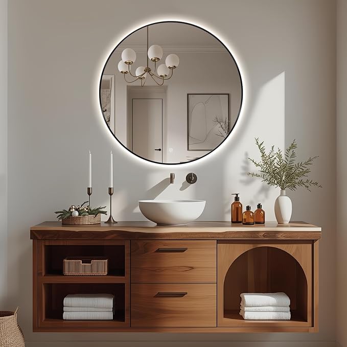 Niccy 28" LED Backlit Round Mirror for Bathroom, Black Framed Vanity Light Wall Mirror, LED Smart Circle Mirrors with 3 Lighting Colors, Round Lighted Mirror with Anti-Fog, IP65 Waterproof