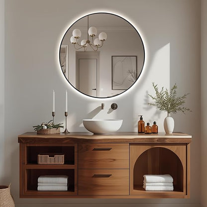 Niccy 28" LED Backlit Round Mirror for Bathroom, Black Framed Vanity Light Wall Mirror, LED Smart Circle Mirrors with 3 Lighting Colors, Round Lighted Mirror with Anti-Fog, IP65 Waterproof