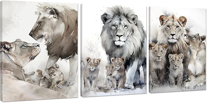 Modern 3 Piece Wild Animal Lion Canvas Paintings Lion Family Portrait Pictures Wall Decor Artwork Living Room Bedroom Home Office Decorations, Framed 12W'' x 16H'' x 3pcs