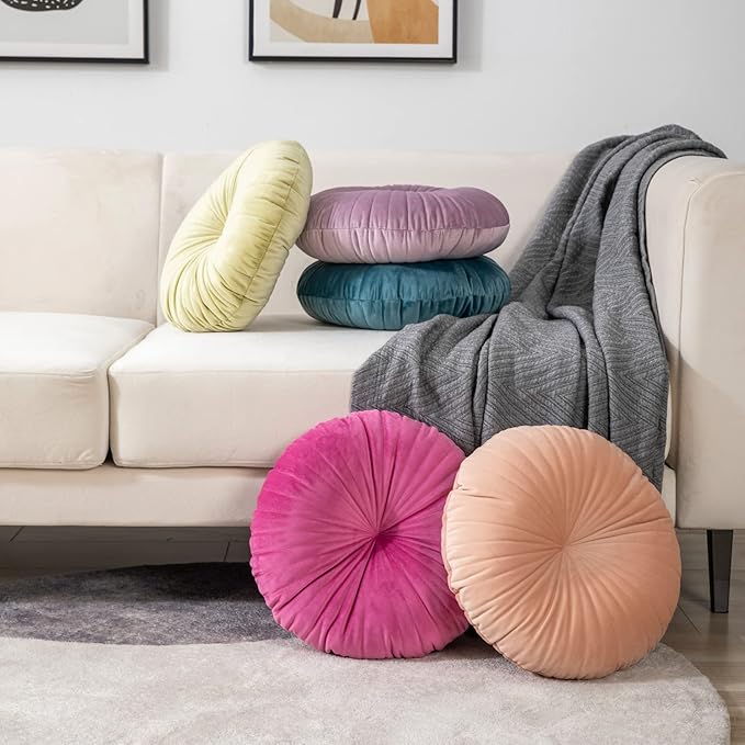 HLOVME Round Pillow Cushion for Couch Velvet Decorative Small Throw Pillow Solid Color for Living Room Bed Floor 15.7”, Light Purple