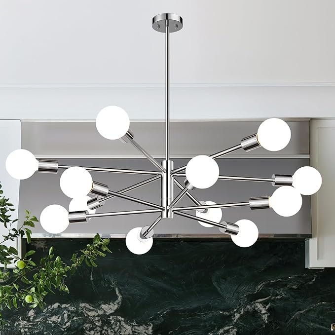 10.9"-52.3" Height Adjustable Modern Chandelier Ceiling Light Fixture, 12-Light Sputnik Chandeliers Chrome Mid Century Chandelier Over Table, Chandeliers for Dining Room Living Room Kitchen Hallway