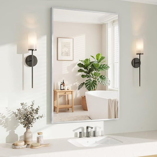 Koonmi Silver Rectangle Wall Mirror, 26x38 Inch Bathroom Mirror, Aluminum Frame Vanity Mirror for Entryway, Living Room, Bedroom Bathroom, Hangs Horizontally or Vertically