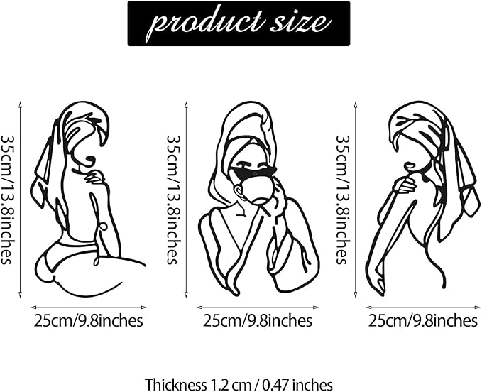 Photect 3 Pcs Metal Wall Art Decor Minimalist Abstract Woman Wall Art Metal Modern Line Drawing Decor Female Single Line Home Hanging for Bedroom Bathroom Living Room Housewarming(Romantic,Black)