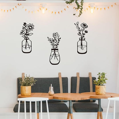 ELQQATY Metal Flower Wall Decor 3 Pieces Black Metal Wall Art Minimalist Art Wall Sculptures for Indoor Bedroom Living Room Bathroom Kitchen. (black2)