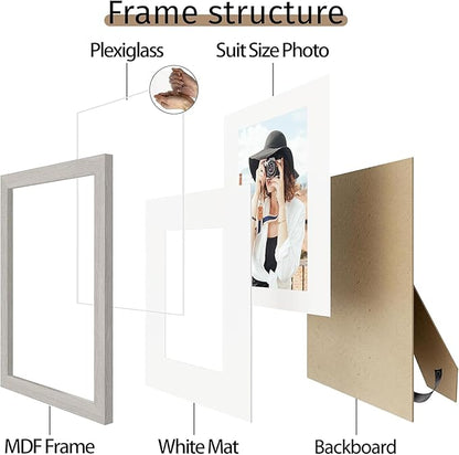 Picrit 11x14 Picture Frame Set of 12, Display 8x10 with Mat or 11x14 without Mat, Photo Frames for Wall Mounting or Table Top Display, Gray