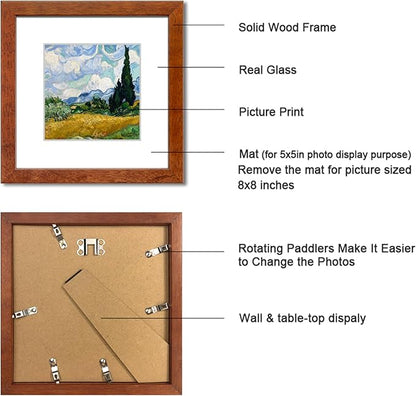 8x8 Picture Frame Set of 4 Made of Solid Wood Photo Frame with Real Glass for Pictures 5x5 with Mat or 8x8 Without Mat,Wall Gallery or Tabletop display Picture Frames,Brown