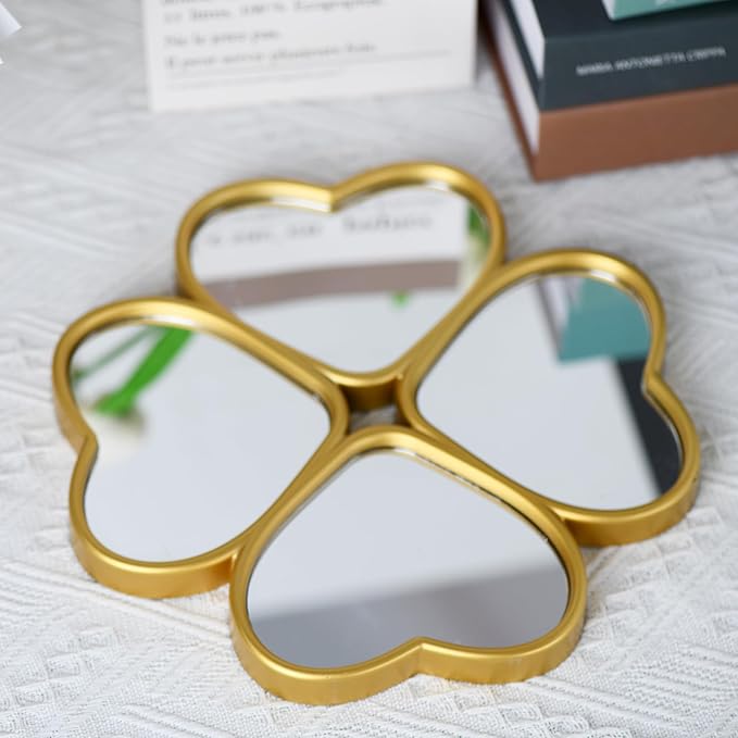 Small Decoritive Heart Wall Mirrors Set of 3, Decorative Four-Leaf Clover Mirror (Gold)
