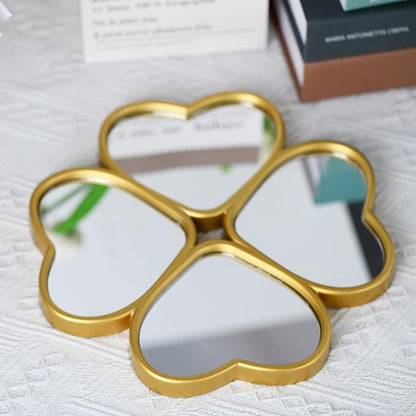 Small Decoritive Heart Wall Mirrors Set of 3, Decorative Four-Leaf Clover Mirror (Gold)