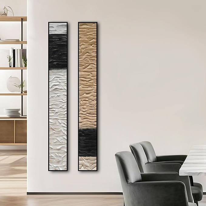 Large Framed Long Narrow Vertical Abstract Wall Art Set of 2, Premium Crystal Porcelain Canvas Prints, Neutral Abstract Modern Design - Perfect for Entryway, Hallway, Living Room, Bedroom - 63x10 inch