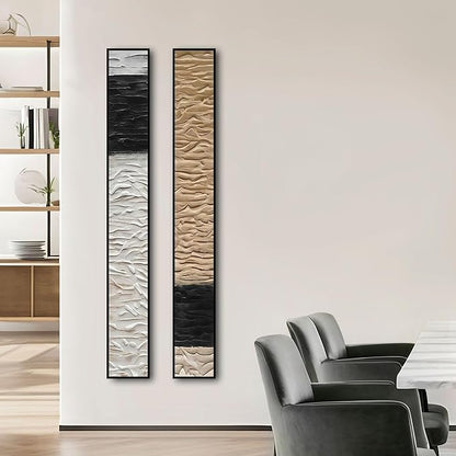 Large Framed Long Narrow Vertical Abstract Wall Art Set of 2, Premium Crystal Porcelain Canvas Prints, Neutral Abstract Modern Design - Perfect for Entryway, Hallway, Living Room, Bedroom - 63x10 inch