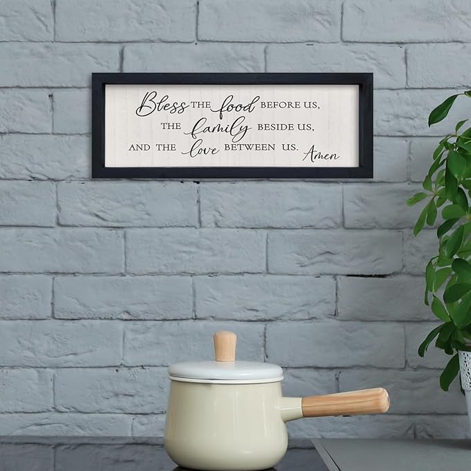 comurdyo Modern Religious Holy Dining Room Bless the Food Before Us Prayer Sign Wall Decor 16"×6" Framed Wood for Small Rustic Minimalist Christian Catholic Kitchen Wall Art Hanging (Black)