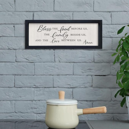 comurdyo Modern Religious Holy Dining Room Bless the Food Before Us Prayer Sign Wall Decor 16"×6" Framed Wood for Small Rustic Minimalist Christian Catholic Kitchen Wall Art Hanging (Black)