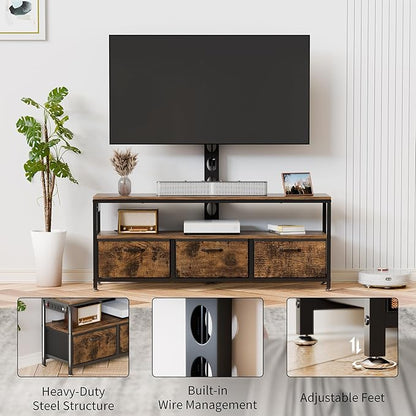 JUSTOGO TV Stand with Mount and Power Outlet, TV Stand with Drawers Storage for Living Room Bedroom, LED Entertainment Center for 45 55 60 65 inch, Height Adjustable Media Console, Rustic Brown