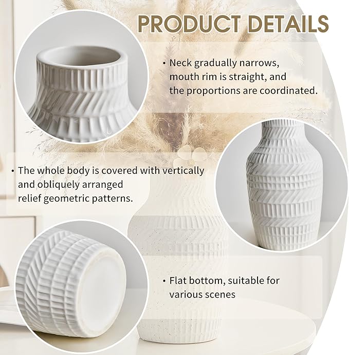 Boho White Ceramic Vase, 8.7" Textured Flower Vase for Home Decor, Minimalist Table Centerpiece for Living Room, Office, Bedroom (White Vase)