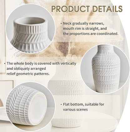 Boho White Ceramic Vase, 8.7" Textured Flower Vase for Home Decor, Minimalist Table Centerpiece for Living Room, Office, Bedroom (White Vase)