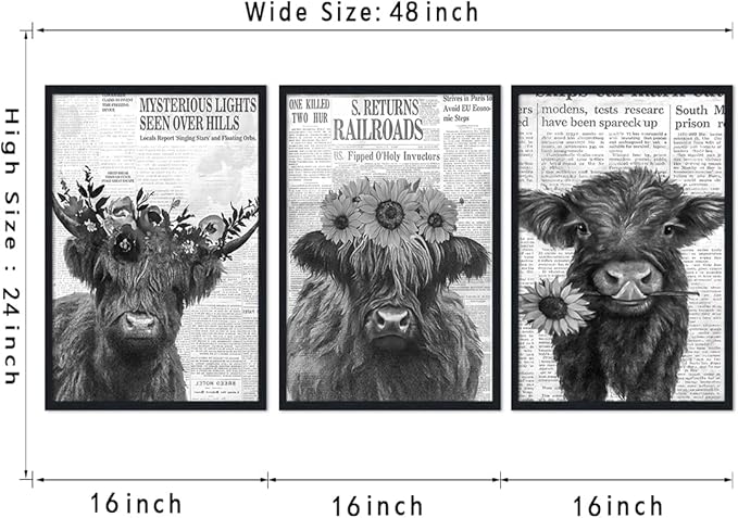 Black White Floral Highland Cow Canvas Wall Art Farmhouse Vintage Flower Cow Poster for Kitchen Wall Decor Funny Animal Print Artwork for Living Room Gallery Decoration 16x24inchx3pcs,Black Framed