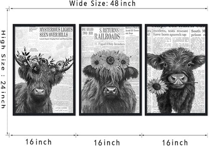 Black White Floral Highland Cow Canvas Wall Art Farmhouse Vintage Flower Cow Poster for Kitchen Wall Decor Funny Animal Print Artwork for Living Room Gallery Decoration 16x24inchx3pcs,Black Framed