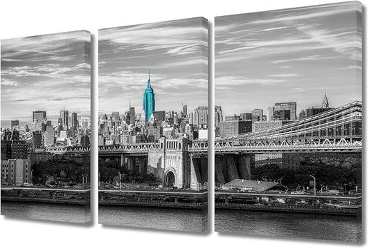 3 Panel New York USA Skyscrapers Landscape Artwork Canvas Wall Art Beautiful Brooklyn Bridge City Skyline Posters and Prints Bathroom Decor Wall Art Print on Canvas Framed Ready to Hang (36"Wx24"H)