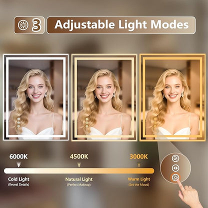 28x36 Inch LED Lighted Bathroom Mirror - Anti-Fog Vanity Mirror with Dimmable Front & Backlit, 3 Color Temp, Smart Memory - Shatterproof HD Glass, IP54 Waterproof Wall Mounted for Makeup Shaving
