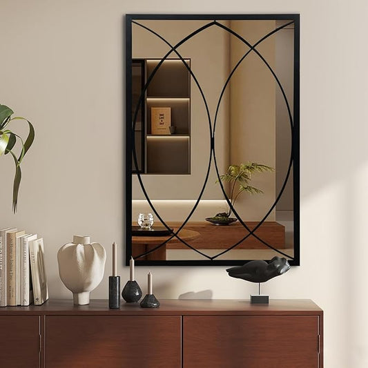 HQiJun Black Rectangle Wall Mirror, Farmhouse Decorative Mirror for Entryway, Living Room, Dining Room,Bedroom, Hallway, Fireplace, Accent Wall Decor (Black2, 34'' x 24'')