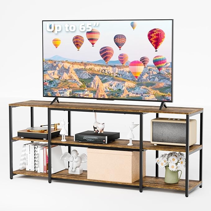 Aquzee TV Stand for 65 Inch TV, 58.3” Wide Entertainment Center with Open Storage, Wood & Metal Console Table and Media Furniture for Living Room Bedroom, Rustic Brown