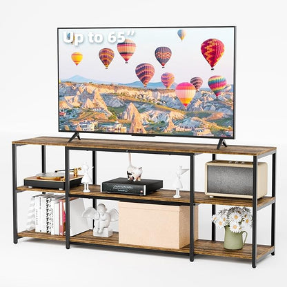 Aquzee TV Stand for 65 Inch TV, 58.3” Wide Entertainment Center with Open Storage, Wood & Metal Console Table and Media Furniture for Living Room Bedroom, Rustic Brown