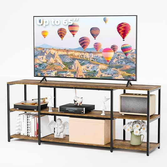 Aquzee TV Stand for 65 Inch TV, 58.3” Wide Entertainment Center with Open Storage, Wood & Metal Console Table and Media Furniture for Living Room Bedroom, Rustic Brown