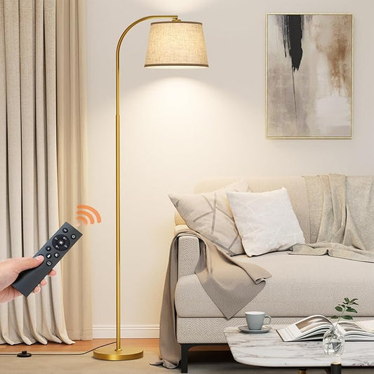 Karjoefar Arc Floor Lamp,64" Standing Lamp with Stepless Dimmable & 3 Colors Temperature,Adjustable Linen Shade and Remote, Glod Arc Floor Lamps for Living Room(with 9W Bulb)