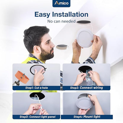 Amico 12 Pack 8 Inch 5CCT Ultra-Thin LED Recessed Ceiling Light with Junction Box, 2700K/3000K/3500K/4000K/5000K Selectable, 18W Eqv 125W, Dimmable Canless Wafer Downlight, 1600LM High Brightness -ETL