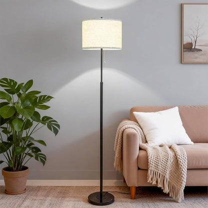 Modern Floor Lamp for Living Room with Beige Shade, Pull Chain Switch, 66" Tall Industrial Floor Lamps Reading with Marble Base for Bedroom Office (9W LED Bulb Included) -Black