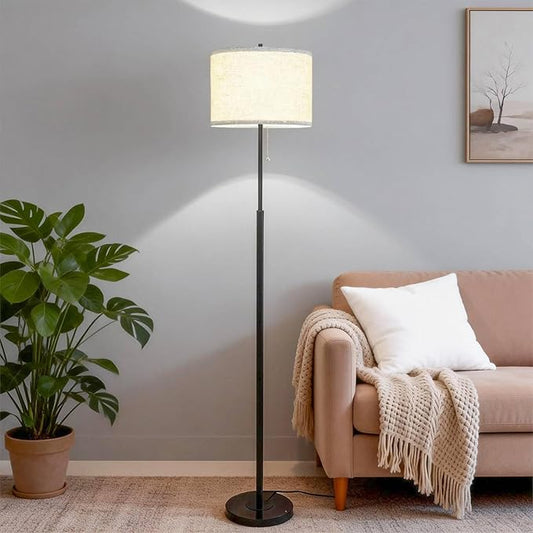 Modern Floor Lamp for Living Room with Beige Shade, Pull Chain Switch, 66" Tall Industrial Floor Lamps Reading with Marble Base for Bedroom Office (9W LED Bulb Included) -Black