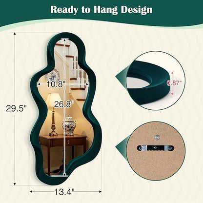 13.8x29.7 Big Decorative Mirror for Girly Bedroom Dresser Decor, Abstract Wavy Wall Mirrors for Home Book Coffee Shop Hotel Decoration, Unique Gift for Birthday Thanksgiving (Dark Green)