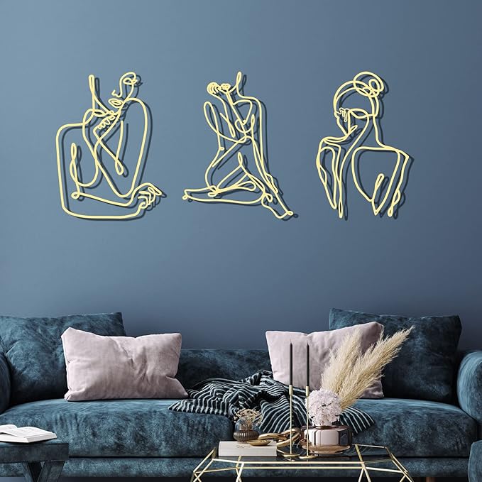 Photect 3 Pcs Metal Wall Art Decor Minimalist Abstract Woman Wall Art Metal Modern Line Drawing Decor Female Single Line Home Hanging for Bedroom Bathroom Living Room Housewarming(Elegant,Gold)