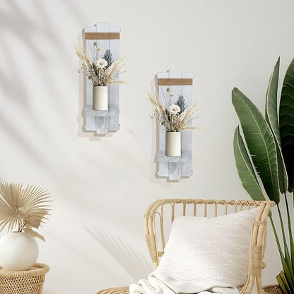 Alphatool Farmhouse Wall Decor Candle Sconces - 2 Pcs Vintage Rustic Handmade Wooden Wall-Mount Candle Holders for Bedroom Livingroom Home Hanging Art Decorations Accessories Gifts, Grayish-White